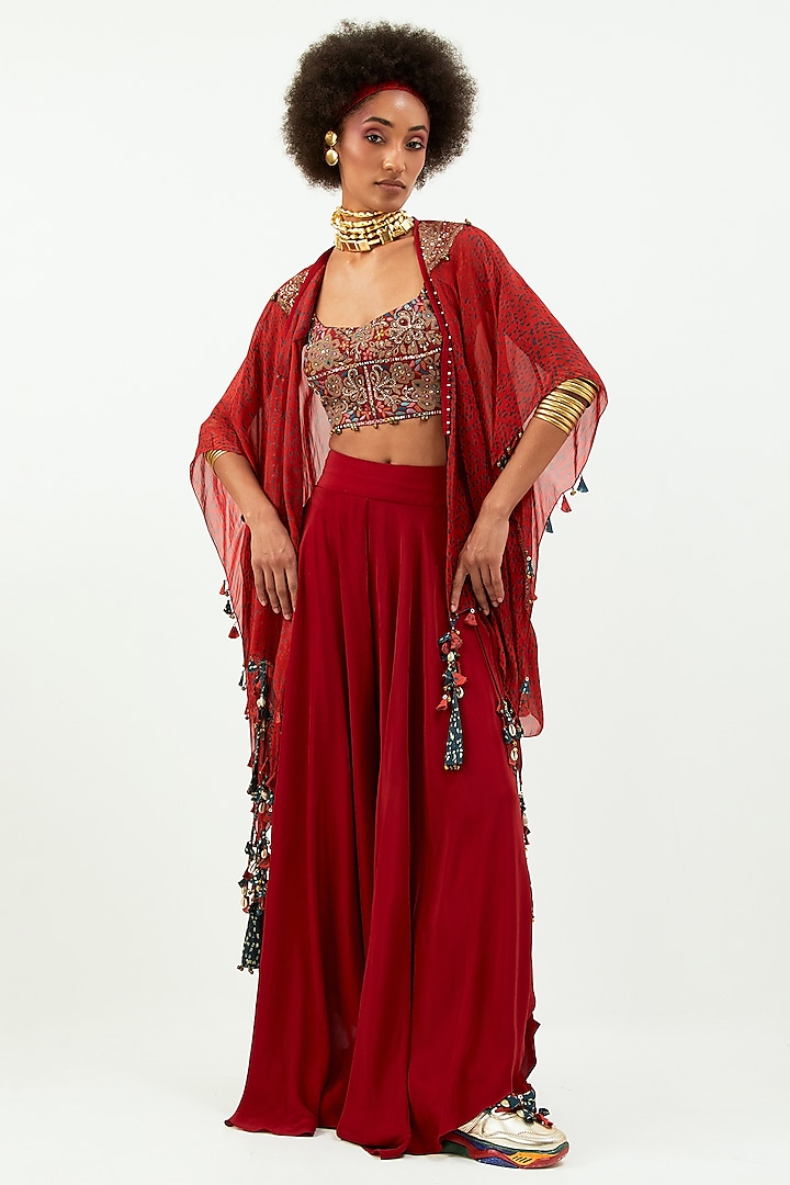 Sindoor Red Sheer Silk Embroidered Cape Set by Aseem kapoor