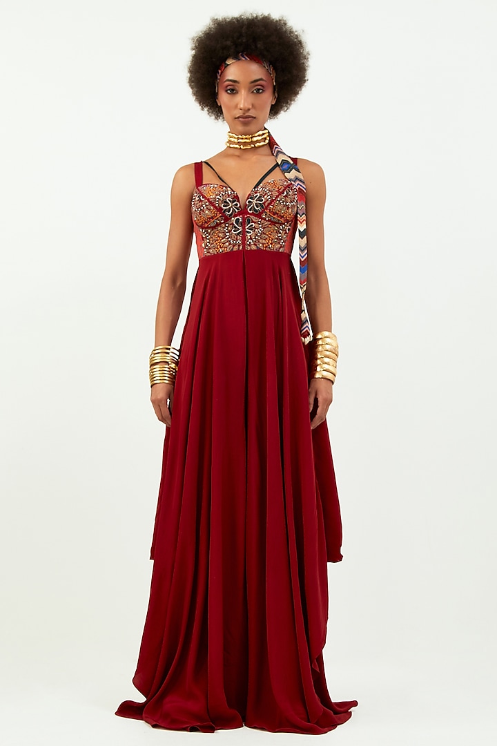 Sindoor Red Natural Crepe Embroidered Jumpsuit by Aseem kapoor