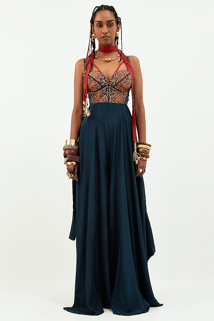 Deep Teal Natural Crepe Embroidered Jumpsuit by Aseem kapoor