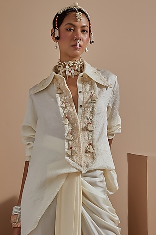 Mogra White Crushed Silk Lace Embroidered Shirt by ASEEM KAPOOR