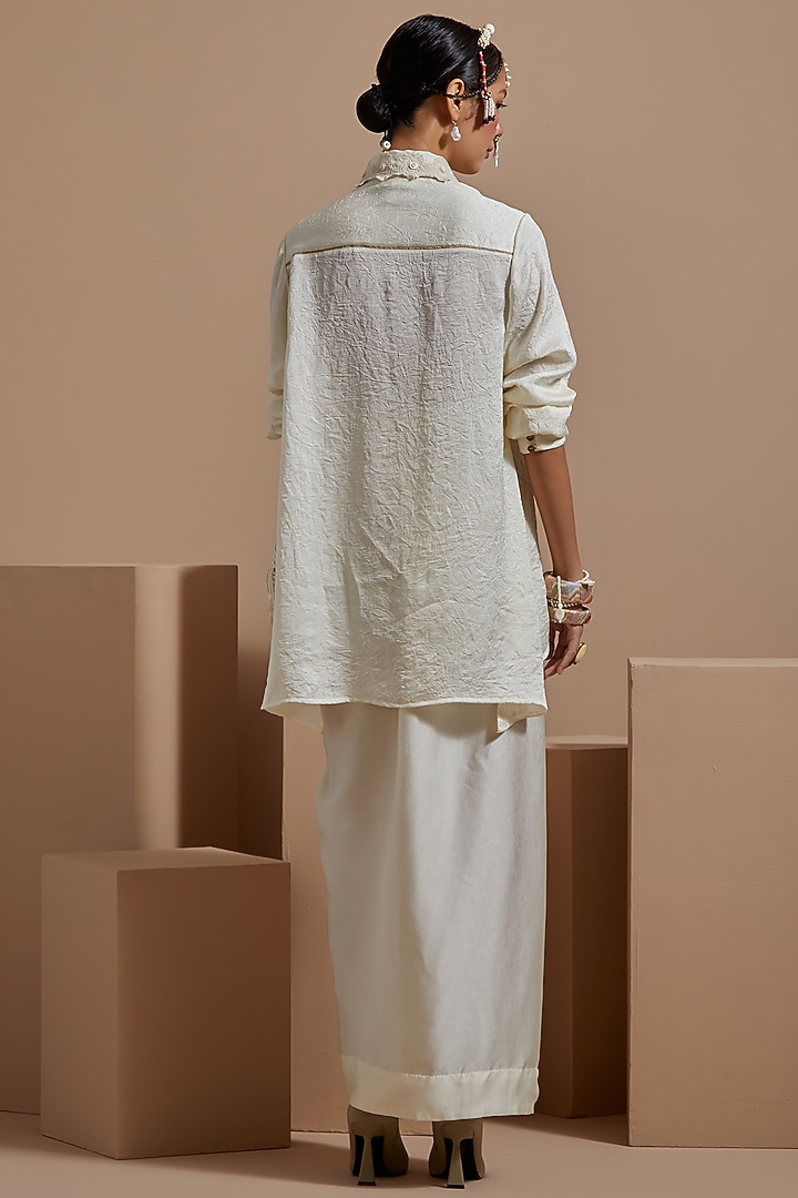 Mogra White Crushed Silk Lace Embroidered Shirt by ASEEM KAPOOR at Pernia's Pop Up Shop
