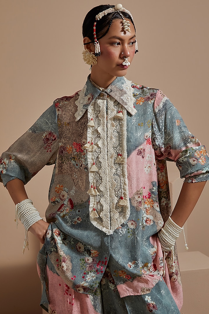 Multi-Colored Natural Crepe Embroidered Shirt by ASEEM KAPOOR at Pernia's Pop Up Shop