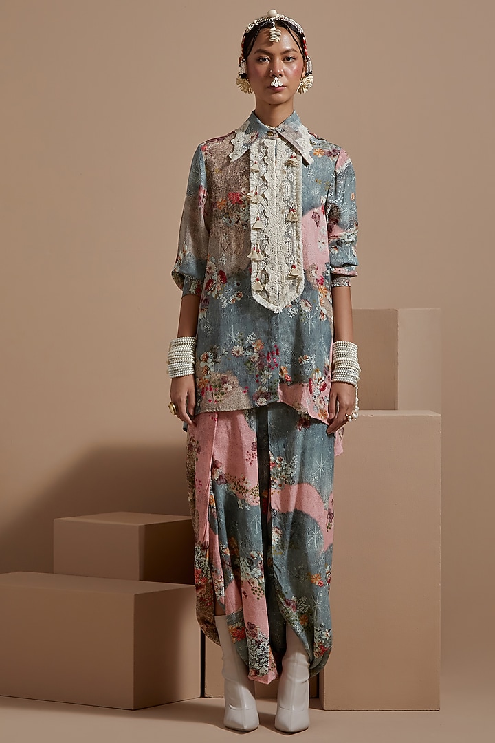 Multi-Colored Natural Crepe Embroidered Shirt by ASEEM KAPOOR at Pernia's Pop Up Shop