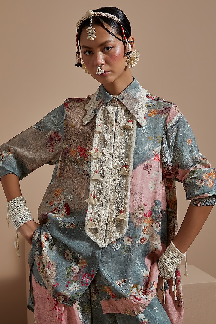 Multi-Colored Natural Crepe Embroidered Shirt by ASEEM KAPOOR at Pernia's Pop Up Shop