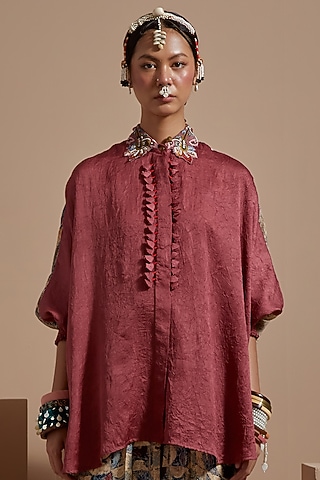 Old Rose Crushed Silk Textured Straight Shirt  by ASEEM KAPOOR