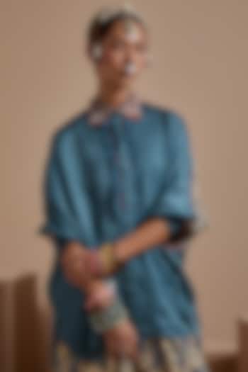 Dull Teal Crushed Silk Textured Straight Shirt  by ASEEM KAPOOR at Pernia's Pop Up Shop