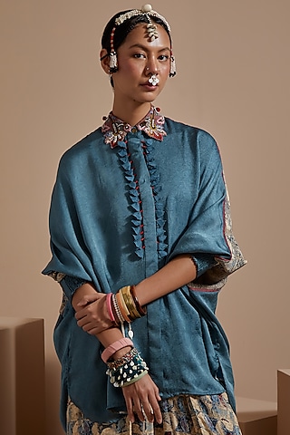 Dull Teal Crushed Silk Textured Straight Shirt  by ASEEM KAPOOR