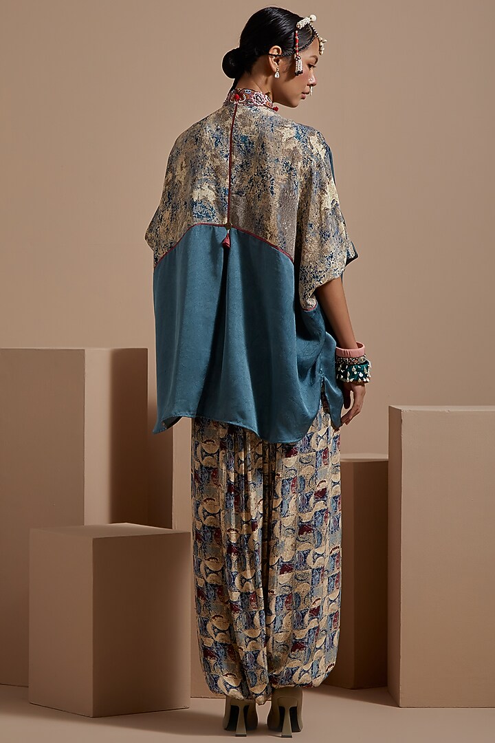 Dull Teal Crushed Silk Textured Straight Shirt by ASEEM KAPOOR at Pernia's Pop Up Shop