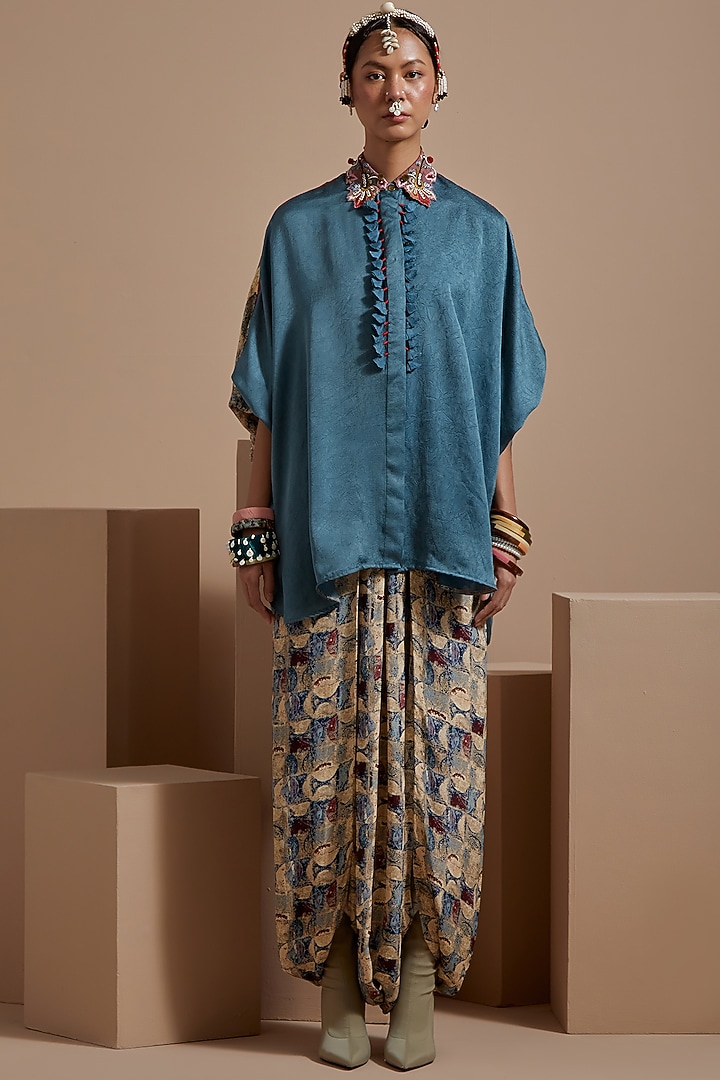 Dull Teal Crushed Silk Textured Straight Shirt by ASEEM KAPOOR at Pernia's Pop Up Shop