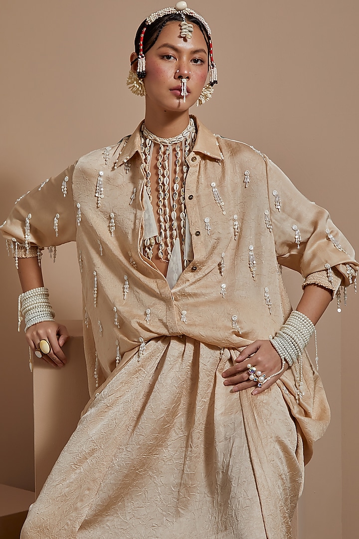 Ecru Crushed Silk Textured Straight Shirt by ASEEM KAPOOR at Pernia's Pop Up Shop