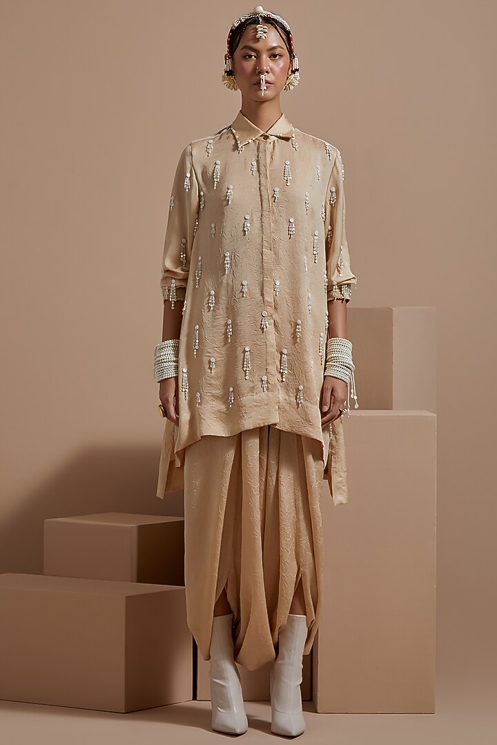 Ecru Crushed Silk Textured Straight Shirt by ASEEM KAPOOR at Pernia's Pop Up Shop