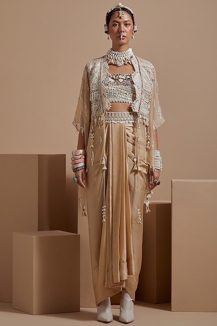 Ecru Sheer Silk Tribal Work Jacket Set by ASEEM KAPOOR at Pernia's Pop Up Shop