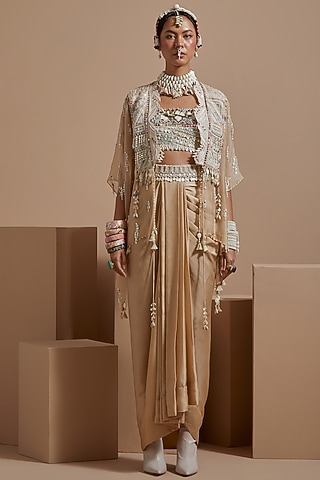 Ecru Sheer Silk Tribal Work Jacket Set by ASEEM KAPOOR