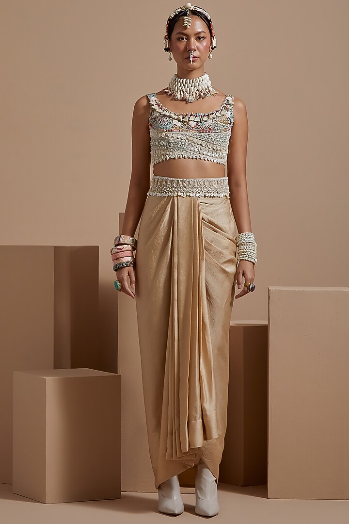 Ecru Sheer Silk Tribal Work Jacket Set by ASEEM KAPOOR at Pernia's Pop Up Shop