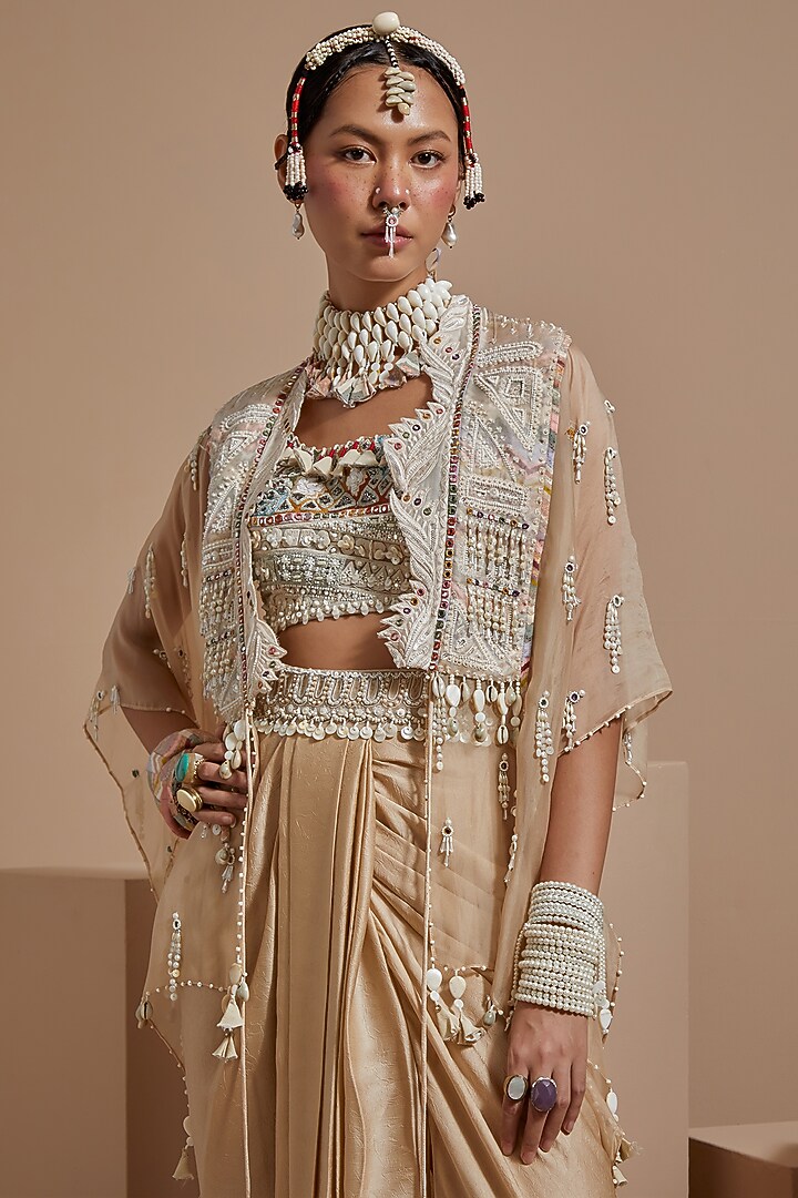 Ecru Sheer Silk Tribal Work Jacket Set by ASEEM KAPOOR at Pernia's Pop Up Shop