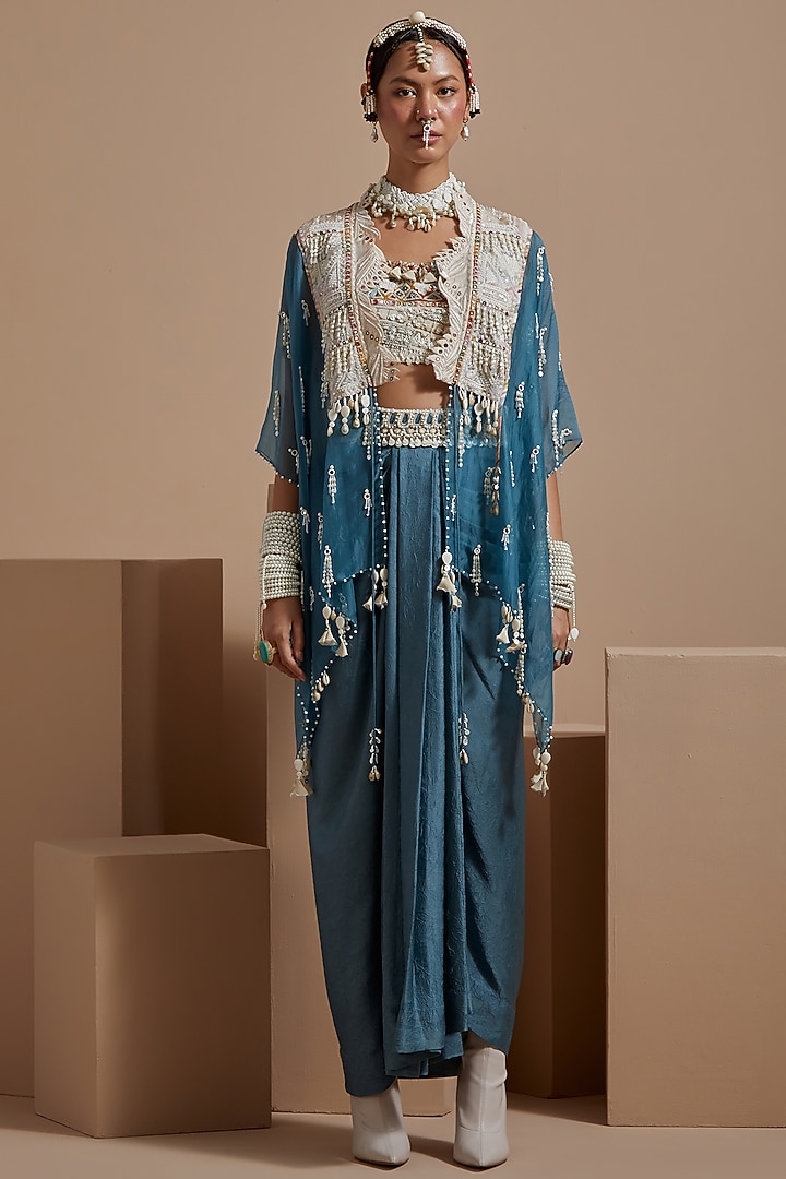 Dull Teal Sheer Silk Tribal Work Jacket Set by ASEEM KAPOOR at Pernia's Pop Up Shop