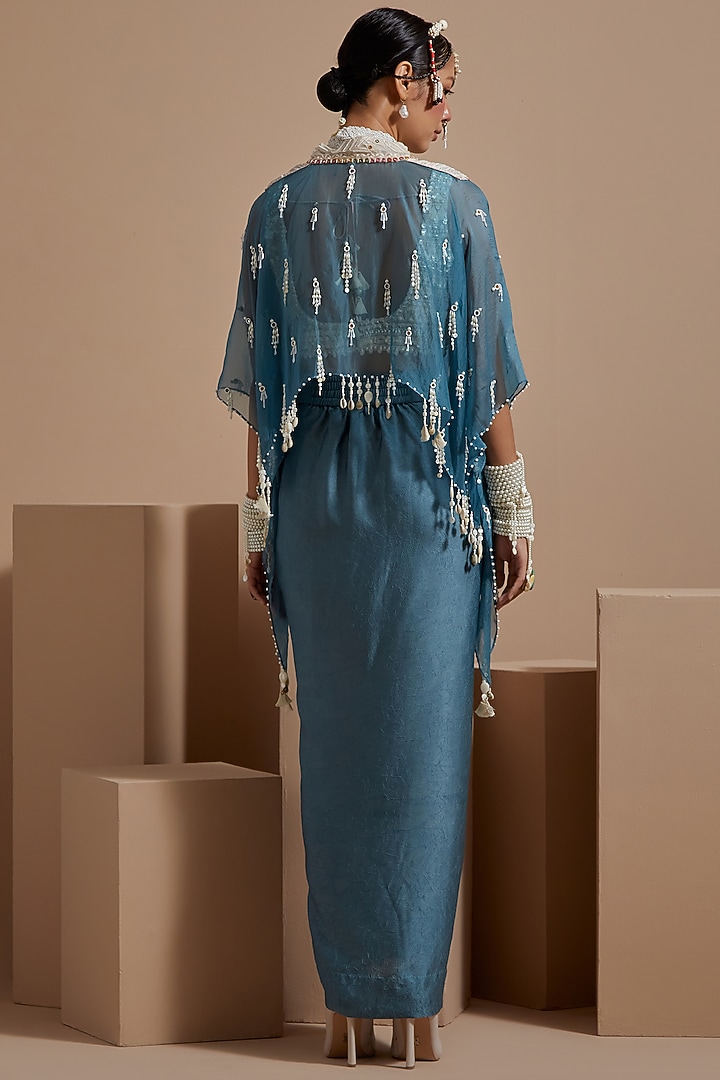 Dull Teal Sheer Silk Tribal Work Jacket Set by ASEEM KAPOOR at Pernia's Pop Up Shop