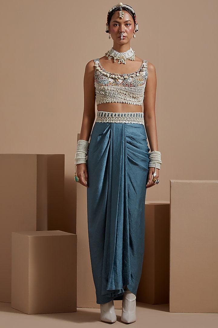 Dull Teal Sheer Silk Tribal Work Jacket Set by ASEEM KAPOOR at Pernia's Pop Up Shop