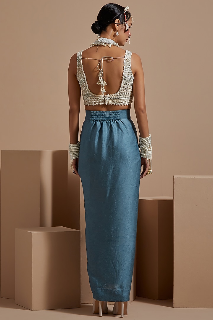 Dull Teal Sheer Silk Tribal Work Jacket Set by ASEEM KAPOOR at Pernia's Pop Up Shop