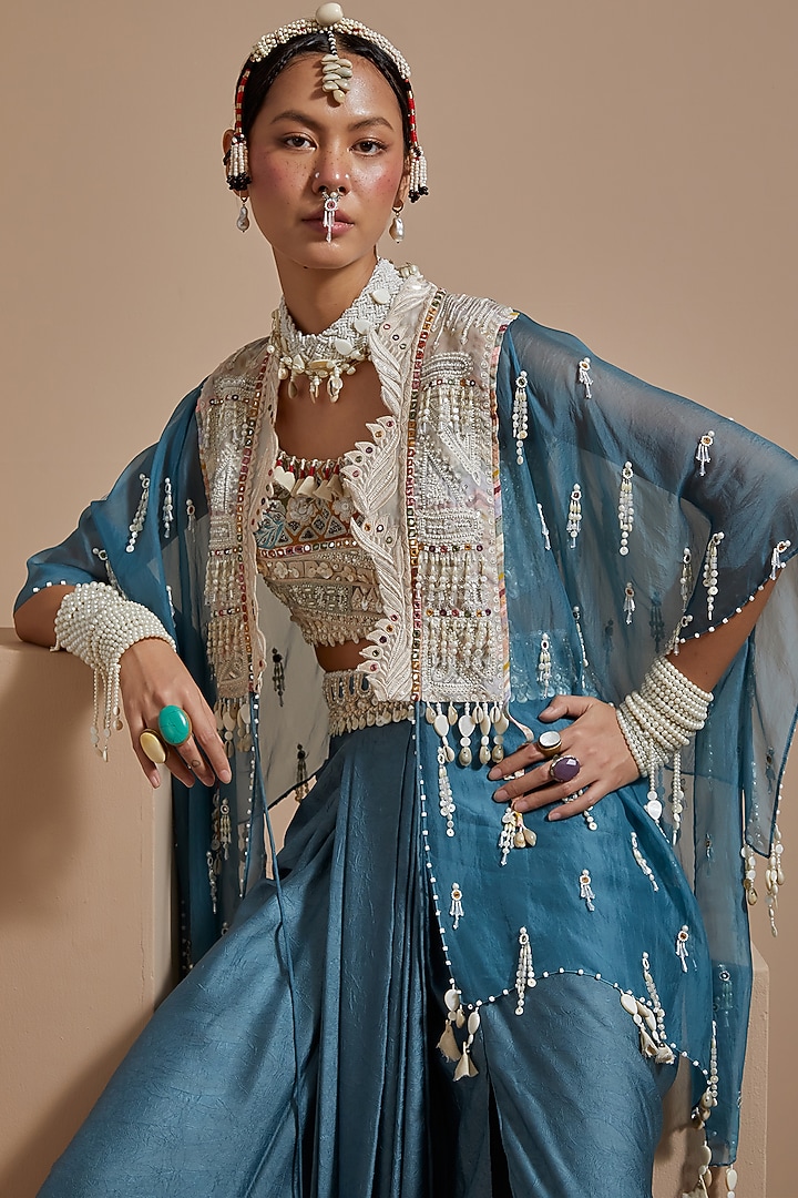 Dull Teal Sheer Silk Tribal Work Jacket Set by ASEEM KAPOOR at Pernia's Pop Up Shop
