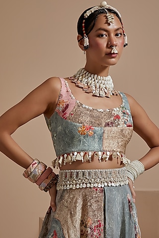 Multi-Colored Mushroom Twill Embroidered Blouse by ASEEM KAPOOR