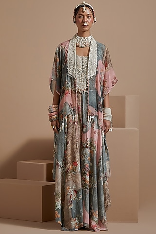 Multi-Colored Sheer Silk Resham Embroidered Jacket Set by ASEEM KAPOOR