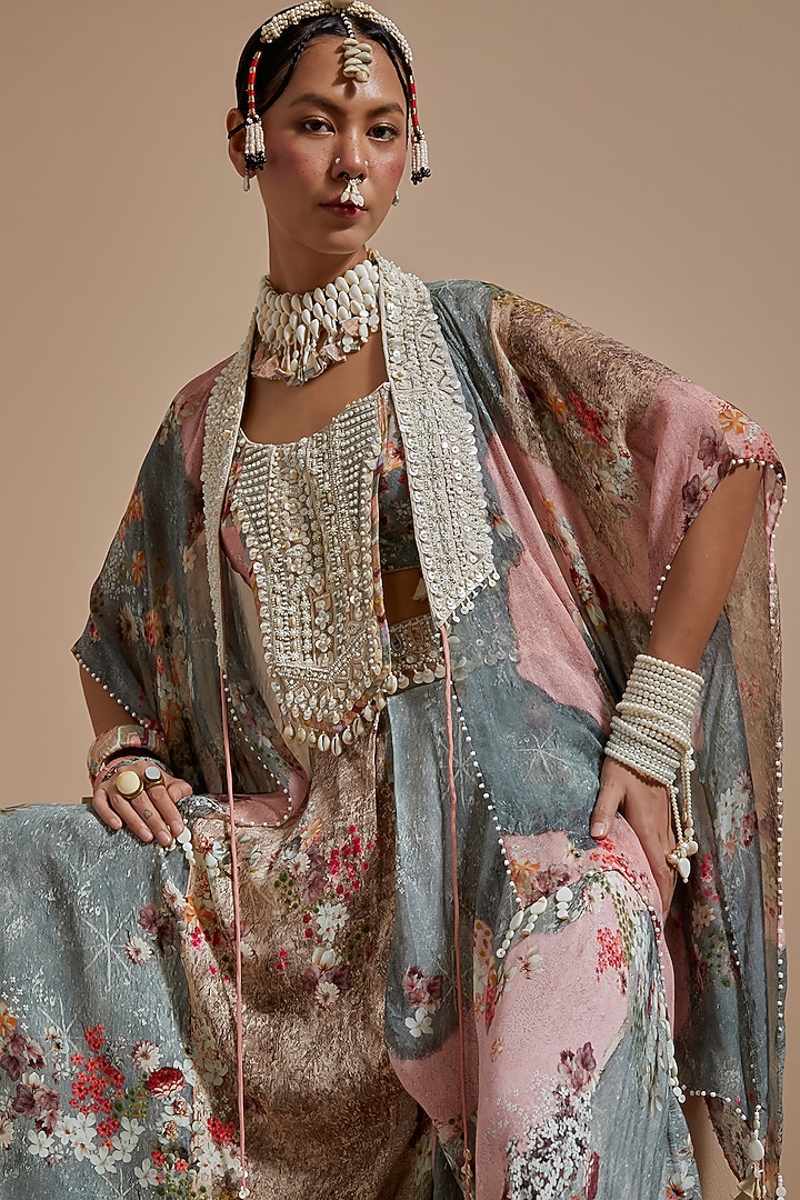 Multi-Colored Sheer Silk Resham Embroidered Jacket Set by ASEEM KAPOOR at Pernia's Pop Up Shop