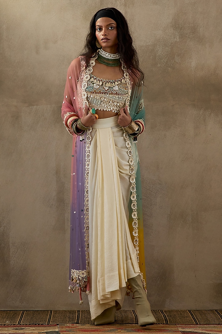 Mogra White Crushed Silk Textured Skirt Set by ASEEM KAPOOR at Pernia's Pop Up Shop