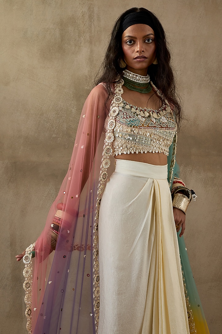 Mogra White Crushed Silk Textured Skirt Set by ASEEM KAPOOR at Pernia's Pop Up Shop