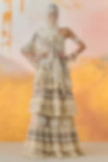 Mogra White Sheer Silk Tiered Ruffled Bridal Lehenga Set by ASEEM KAPOOR at Pernia's Pop Up Shop