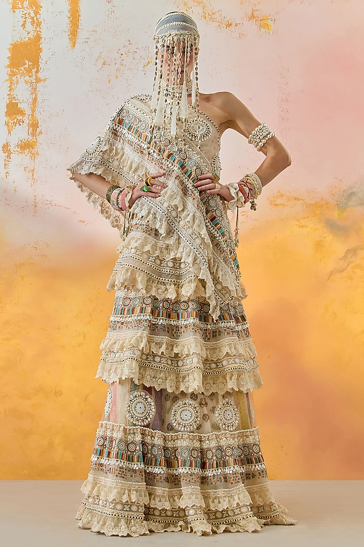 Mogra White Sheer Silk Tiered Ruffled Bridal Lehenga Set by ASEEM KAPOOR at Pernia's Pop Up Shop
