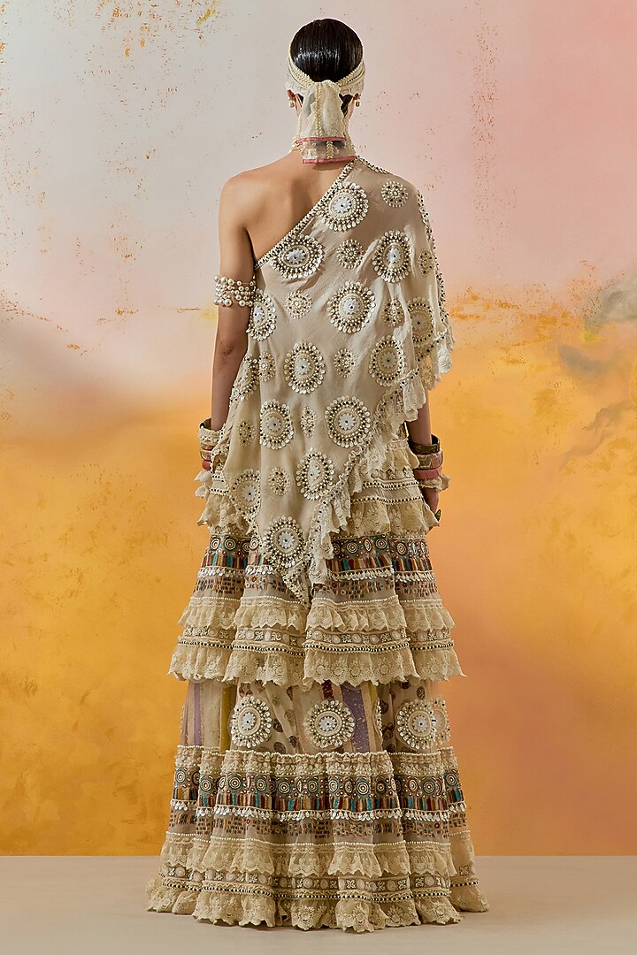 Mogra White Sheer Silk Tiered Ruffled Bridal Lehenga Set by ASEEM KAPOOR at Pernia's Pop Up Shop