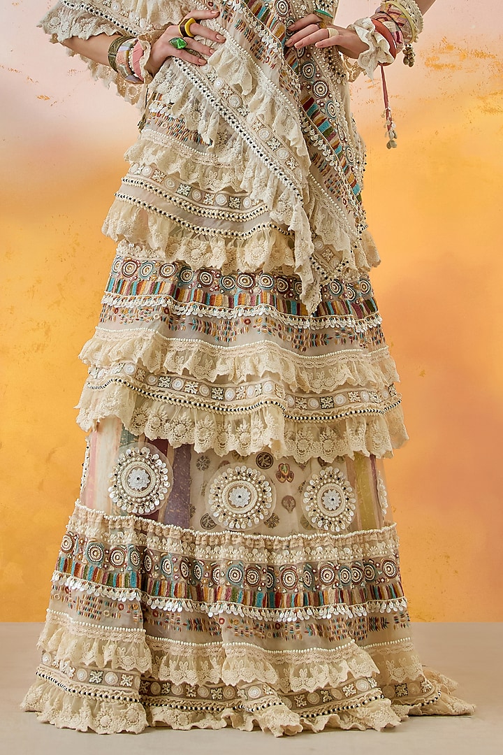 Mogra White Sheer Silk Tiered Ruffled Bridal Lehenga Set by ASEEM KAPOOR at Pernia's Pop Up Shop