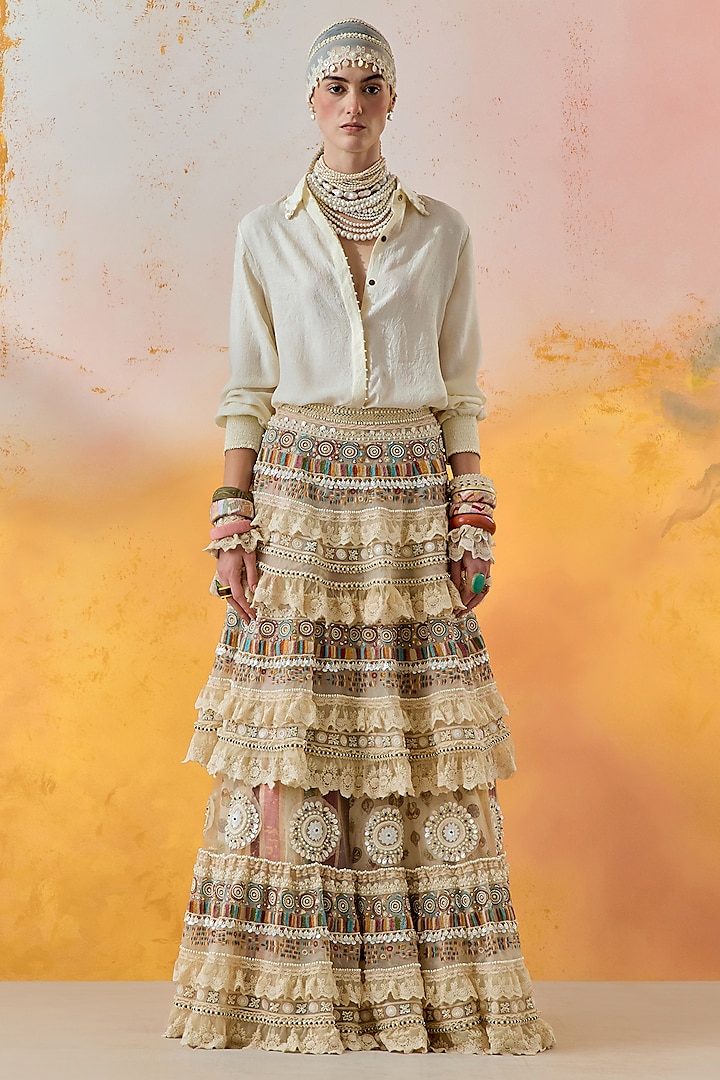 Mogra White Sheer Silk & Net Tiered Ruffled Bridal Lehenga Set by ASEEM KAPOOR at Pernia's Pop Up Shop