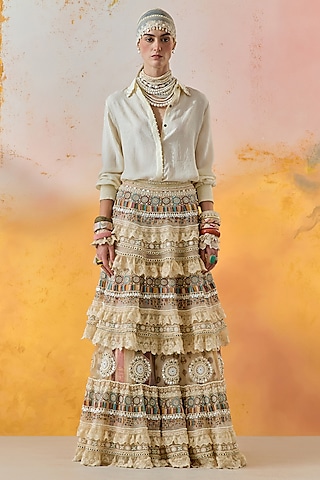 Mogra White Sheer Silk & Net Tiered Ruffled Lehenga Set by ASEEM KAPOOR