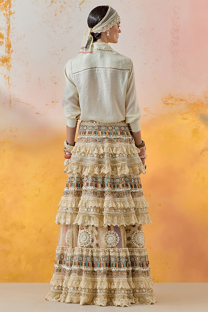 Mogra White Sheer Silk & Net Tiered Ruffled Bridal Lehenga Set by ASEEM KAPOOR at Pernia's Pop Up Shop