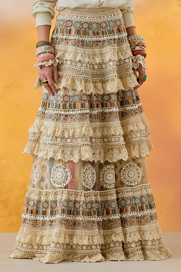 Mogra White Sheer Silk & Net Tiered Ruffled Bridal Lehenga Set by ASEEM KAPOOR at Pernia's Pop Up Shop