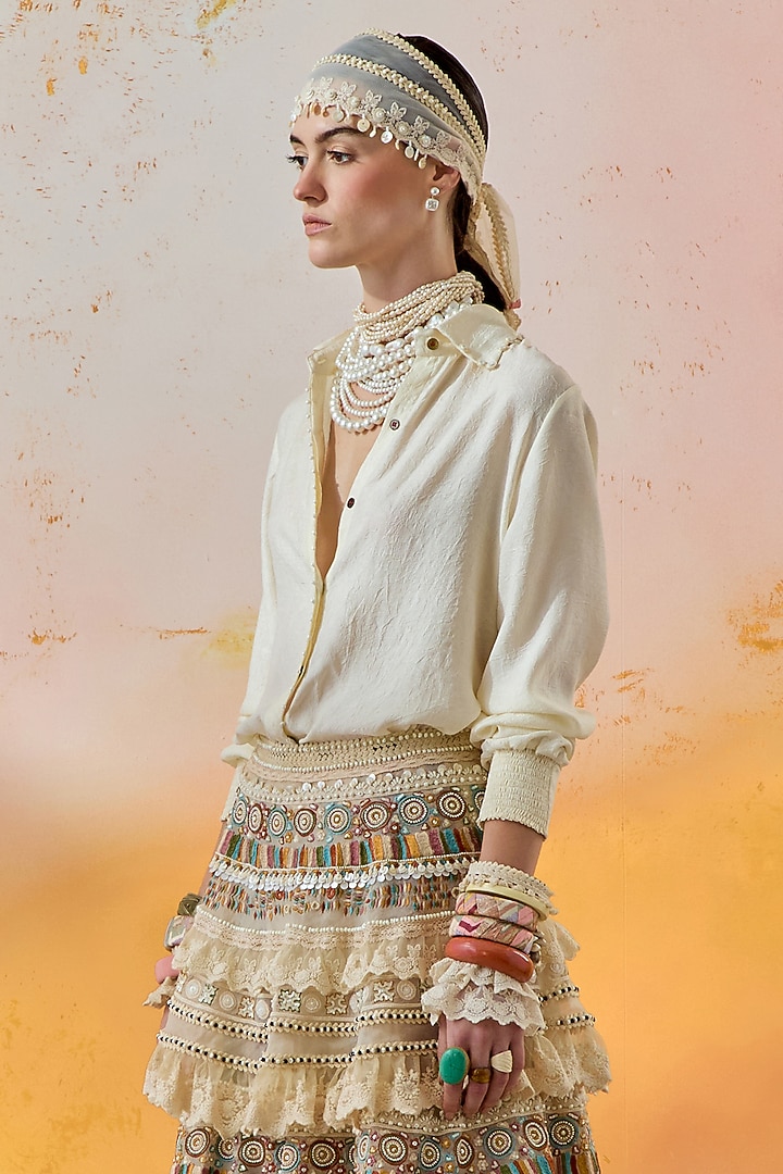 Mogra White Sheer Silk & Net Tiered Ruffled Bridal Lehenga Set by ASEEM KAPOOR at Pernia's Pop Up Shop