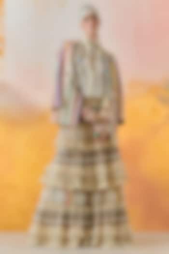 Mogra White Sheer Silk & Net Tiered Ruffled Jacket Bridal Lehenga Set by ASEEM KAPOOR at Pernia's Pop Up Shop