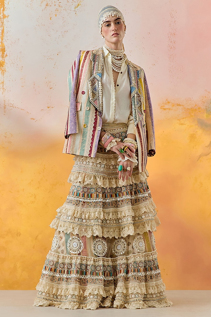Mogra White Sheer Silk & Net Tiered Ruffled Jacket Bridal Lehenga Set by ASEEM KAPOOR at Pernia's Pop Up Shop