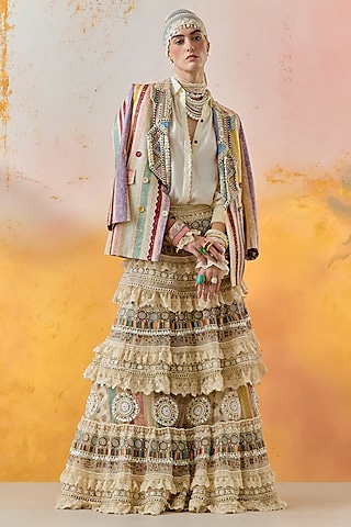 Mogra White Sheer Silk & Net Tiered Ruffled Jacket Lehenga Set by ASEEM KAPOOR