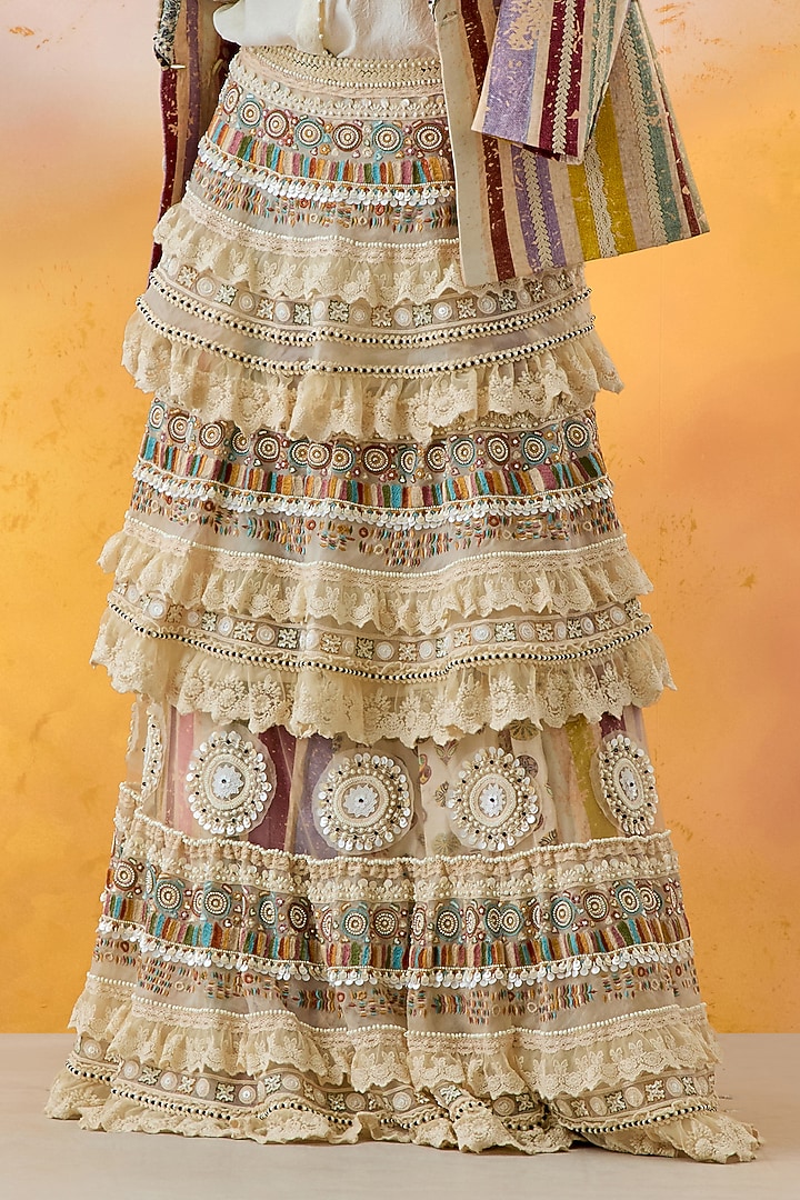 Mogra White Sheer Silk & Net Tiered Ruffled Jacket Bridal Lehenga Set by ASEEM KAPOOR at Pernia's Pop Up Shop
