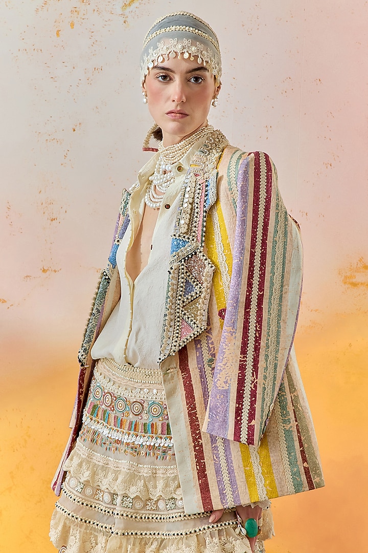 Mogra White Sheer Silk & Net Tiered Ruffled Jacket Bridal Lehenga Set by ASEEM KAPOOR at Pernia's Pop Up Shop
