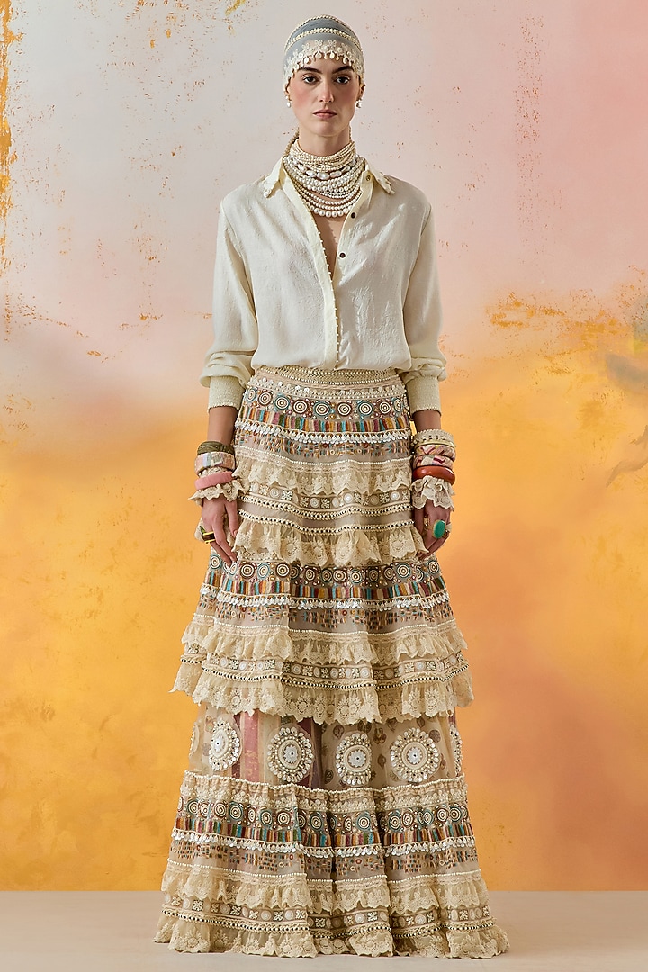 Mogra White Sheer Silk & Net Tiered Ruffled Jacket Bridal Lehenga Set by ASEEM KAPOOR at Pernia's Pop Up Shop