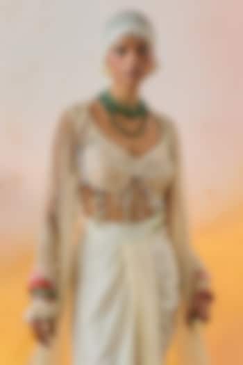 Mogra White Natural Crepe Tasseled Bralette by ASEEM KAPOOR at Pernia's Pop Up Shop