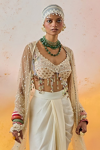 Mogra White Natural Crepe Tasseled Bralette by ASEEM KAPOOR