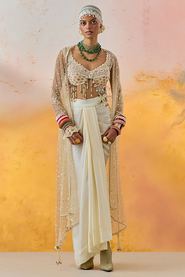 Mogra White Crushed Silk Skirt Set by ASEEM KAPOOR at Pernia's Pop Up Shop