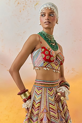 Multi-Colored Natural Crepe Printed & Embroidered Blouse by ASEEM KAPOOR