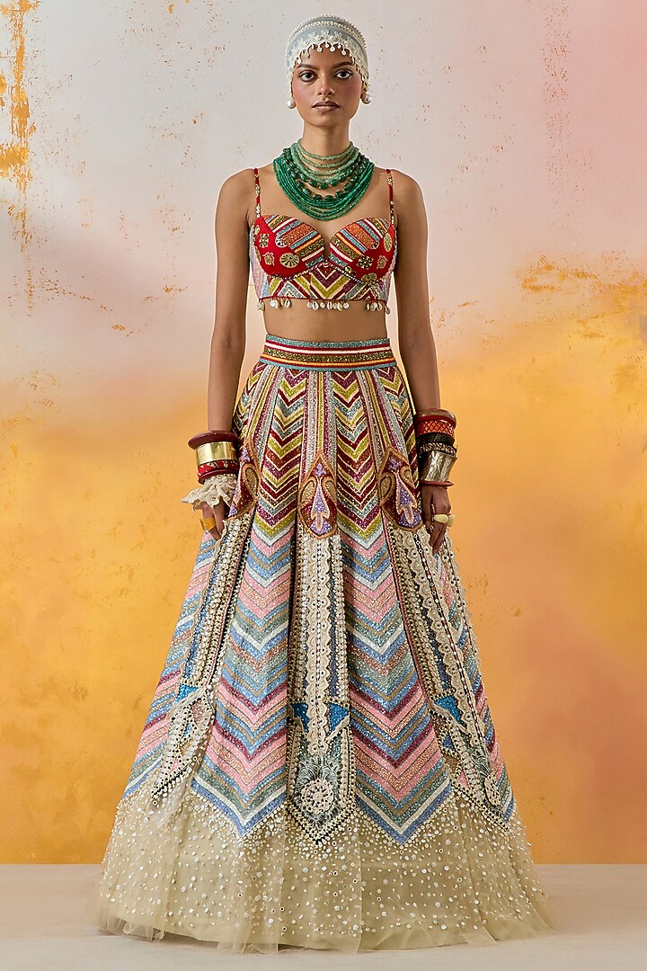 Multi-Colored Ombre Cotton Silk Chevron Printed & Pearl Embroidered Kalidar Bridal Lehenga Set by ASEEM KAPOOR at Pernia's Pop Up Shop