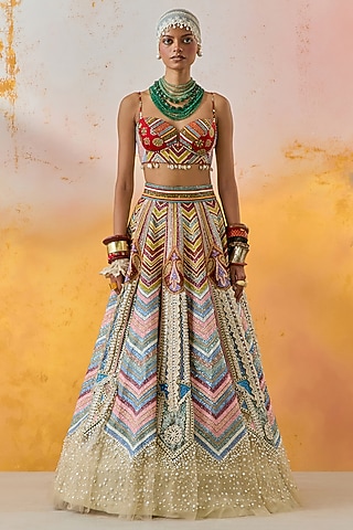 Multi-Colored Ombre Cotton Silk Chevron Printed & Pearl Embroidered Kalidar Lehenga Set by ASEEM KAPOOR